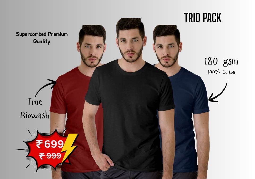 Red/Black/Blue Trio Pack of Plain Regular Half-Sleeve: Unisex T-Shirt - Essentia Attire