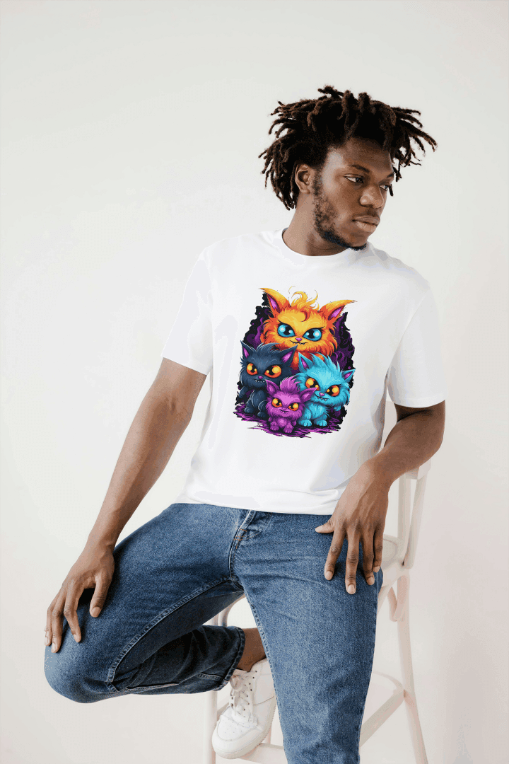 Vibrant Fantasy Cat Family: Cute Magical Kittens Tee - Essentia Attire