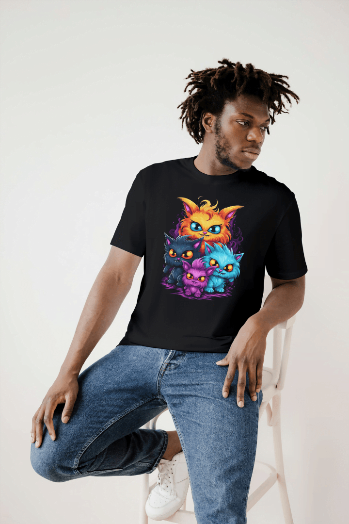Vibrant Fantasy Cat Family: Cute Magical Kittens Tee - Essentia Attire