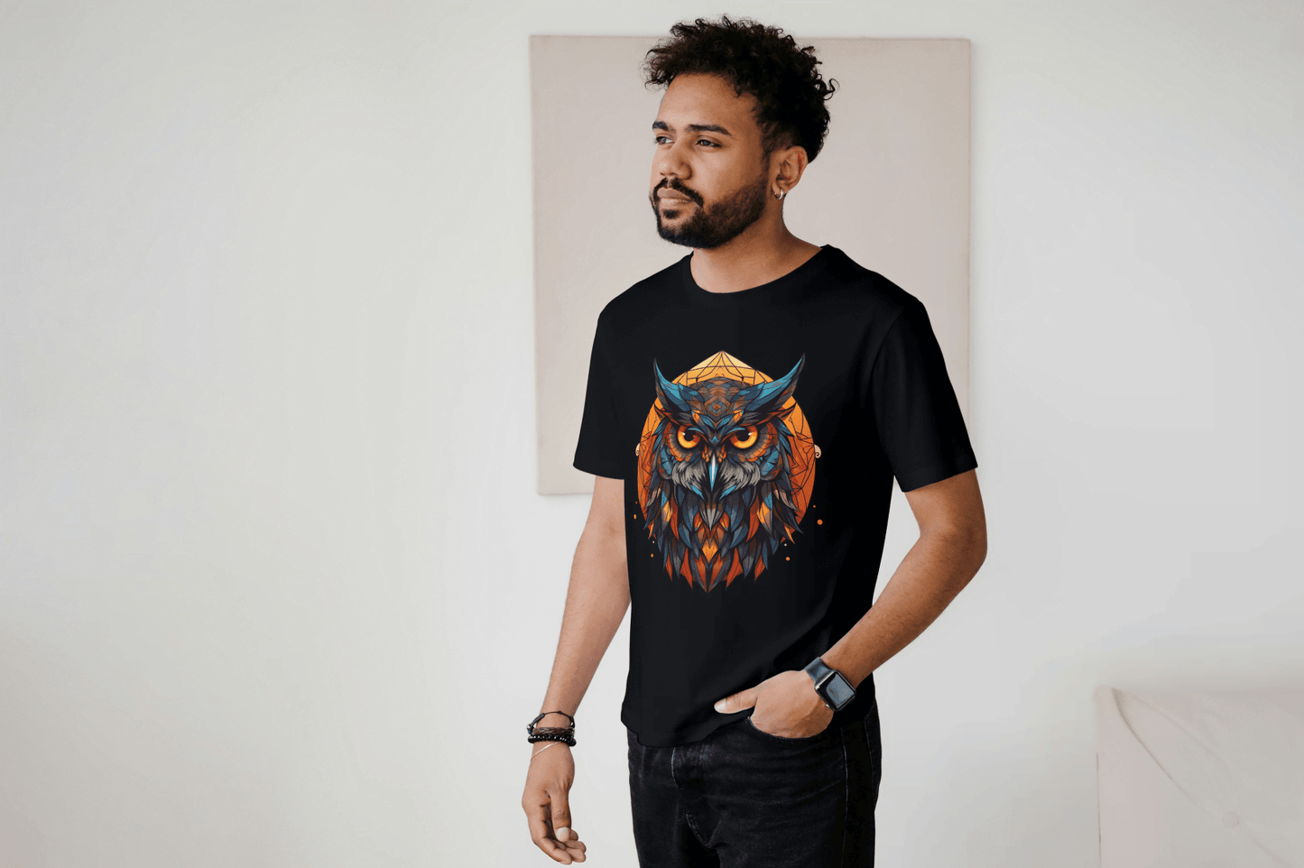 Geometric Owl: Vibrant Wisdom Graphic Tee - Essentia Attire