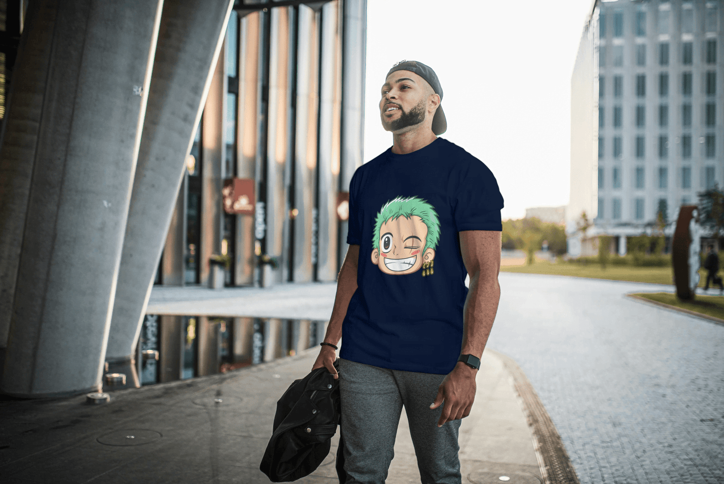 Anime Green Haired Swordsman Winking: Manga Style Fan Tee - Essentia Attire