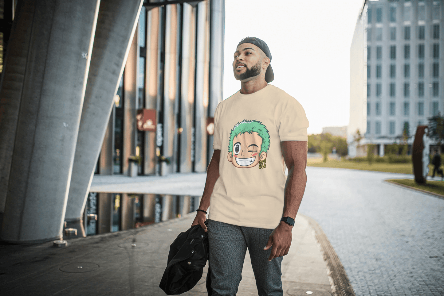 Anime Green Haired Swordsman Winking: Manga Style Fan Tee - Essentia Attire