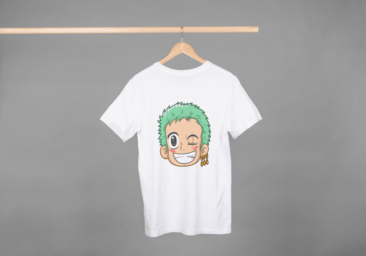 Anime Green Haired Swordsman Winking: Manga Style Fan Tee - Essentia Attire