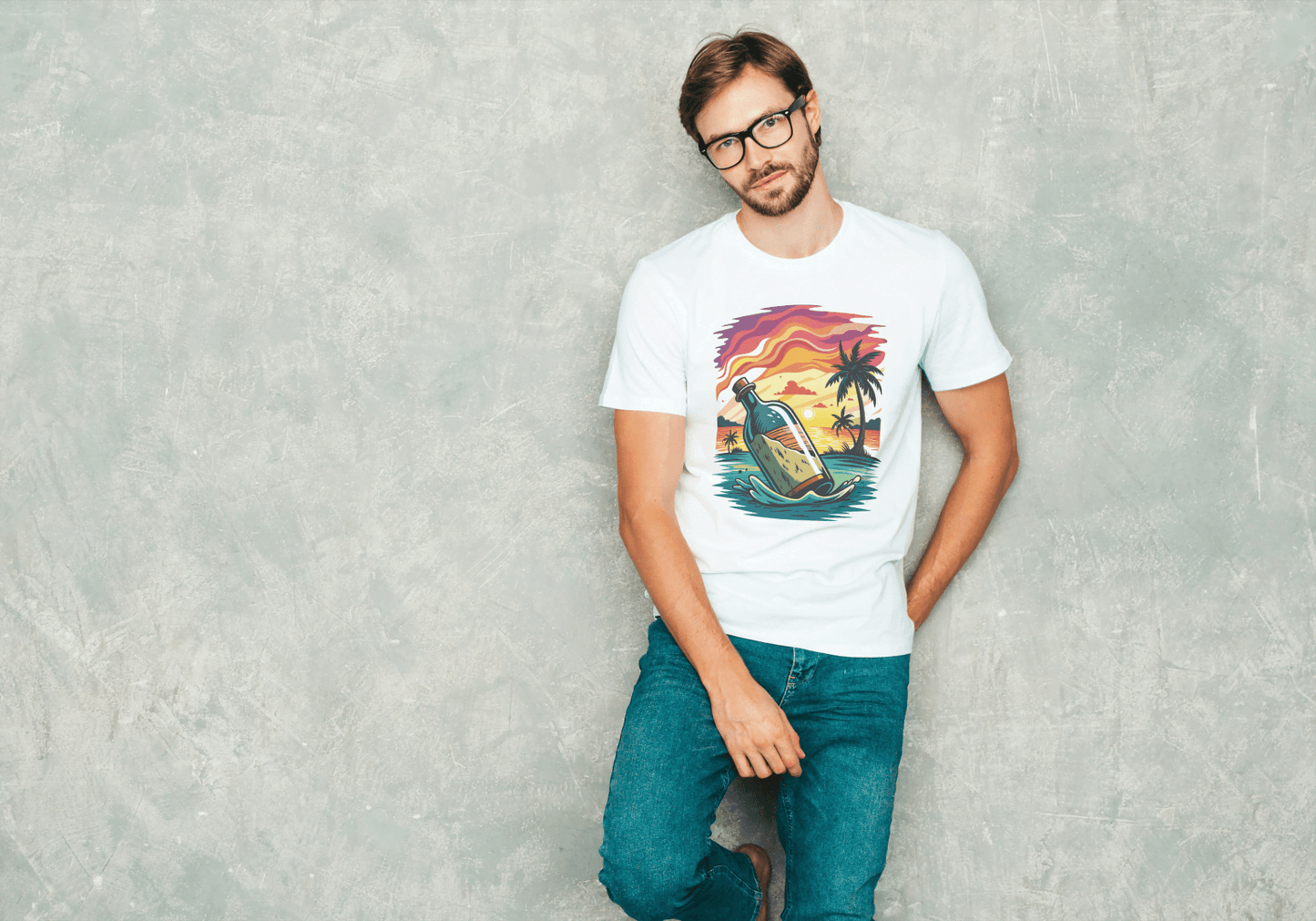 Message in a Bottle Sunset: Tropical Beach Vibes Tee - Essentia Attire