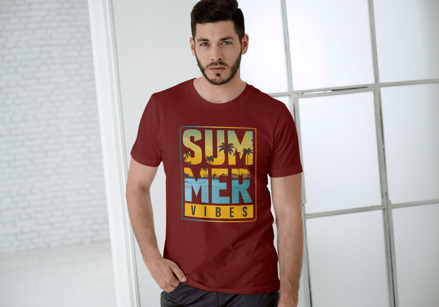 SUMMER VIBES Palm Tree Sunset: Beach Landscape Tee - Essentia Attire