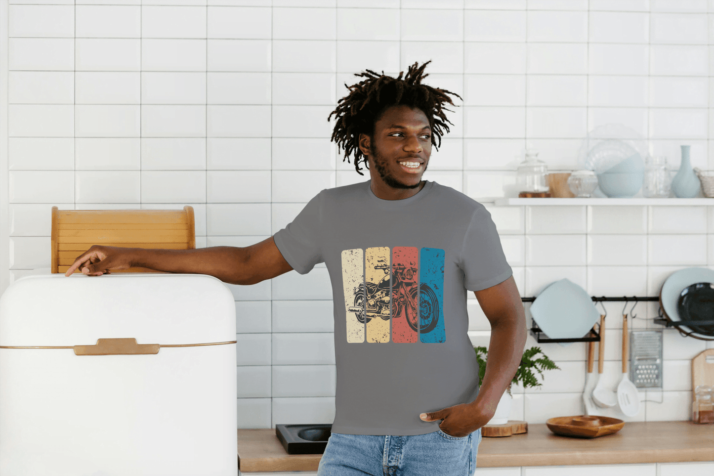 Retro Stripe Motorcycle: Vintage Bike Graphic Tee - Essentia Attire