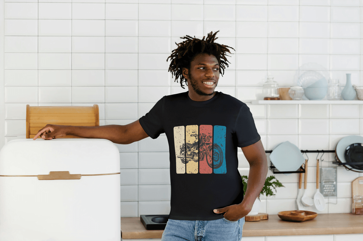 Retro Stripe Motorcycle: Vintage Bike Graphic Tee - Essentia Attire