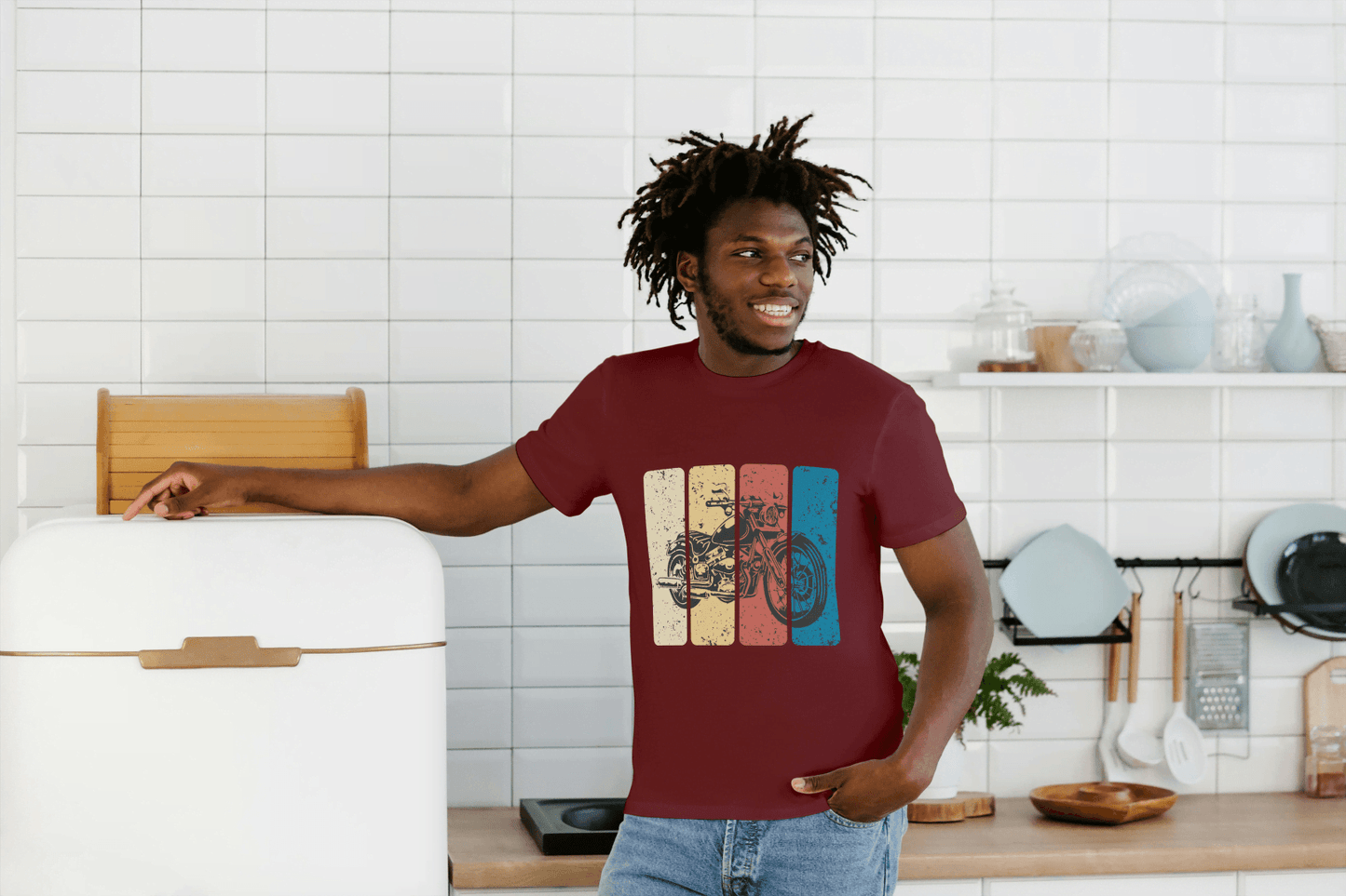 Retro Stripe Motorcycle: Vintage Bike Graphic Tee - Essentia Attire