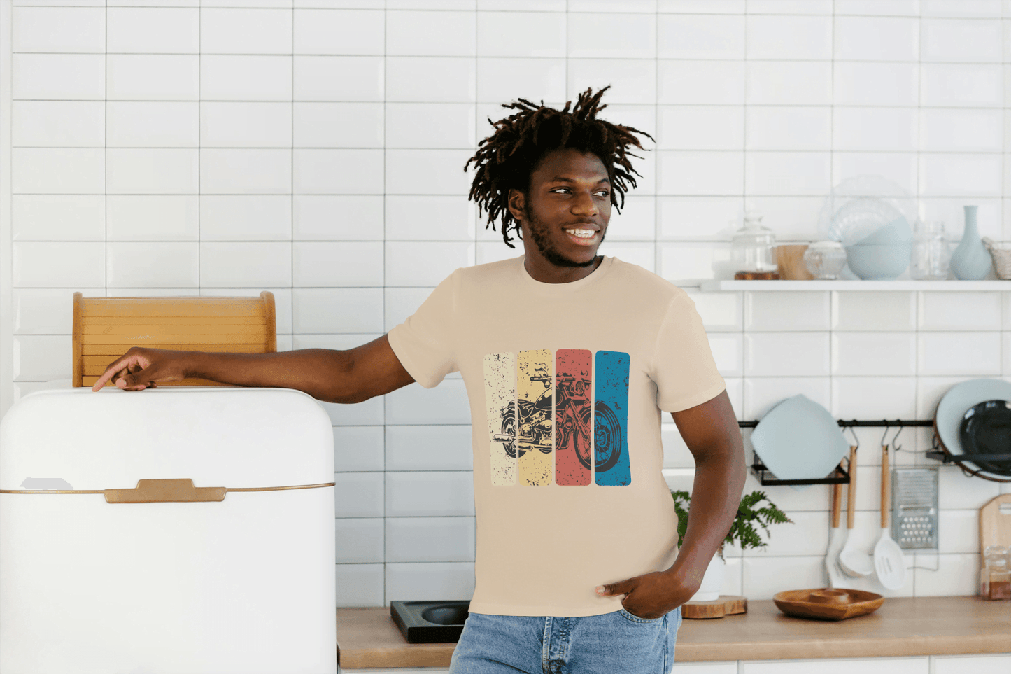 Retro Stripe Motorcycle: Vintage Bike Graphic Tee - Essentia Attire