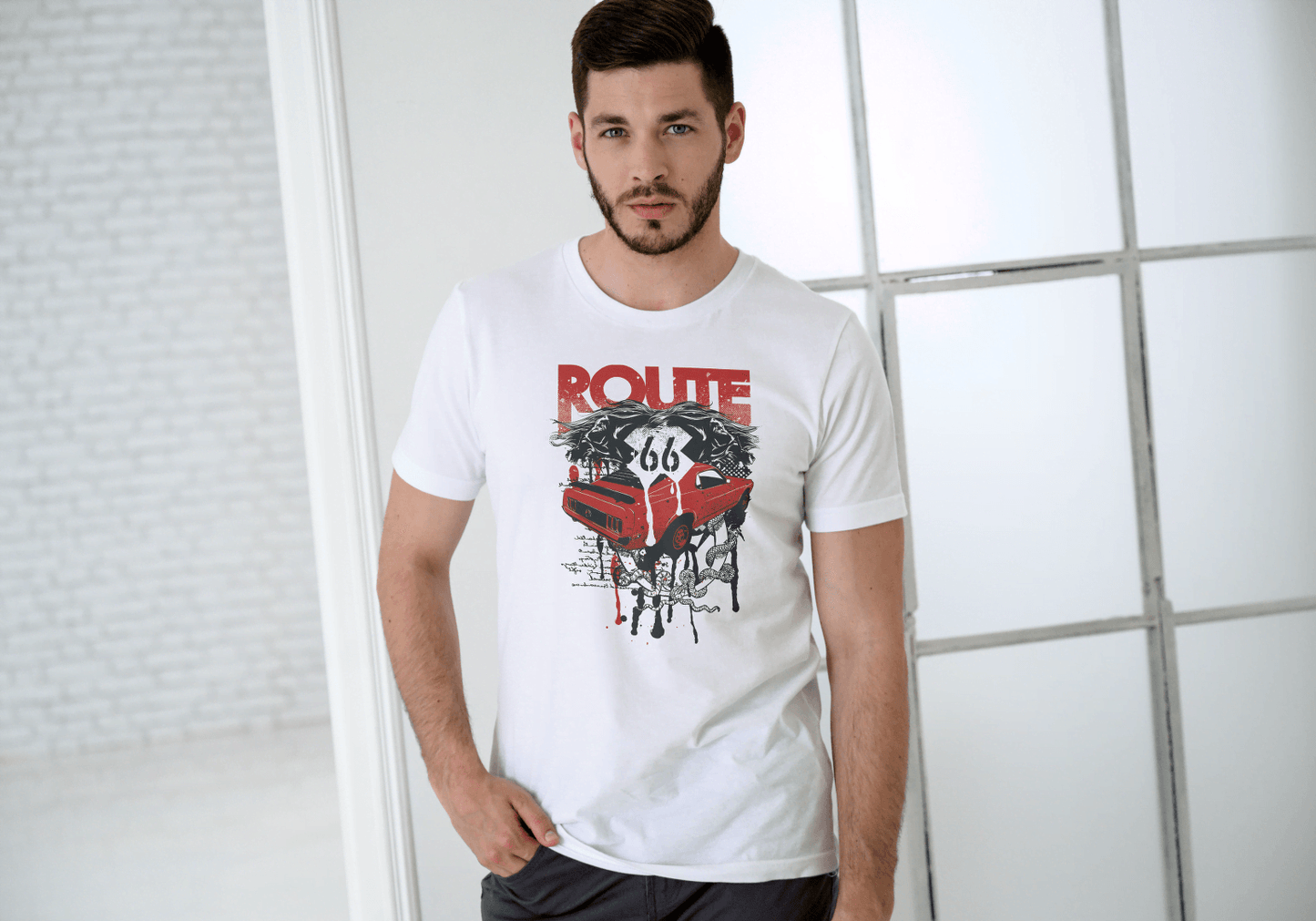 Men's Route 66 Classic Car Dripping: Vintage Road Trip - Essentia Attire