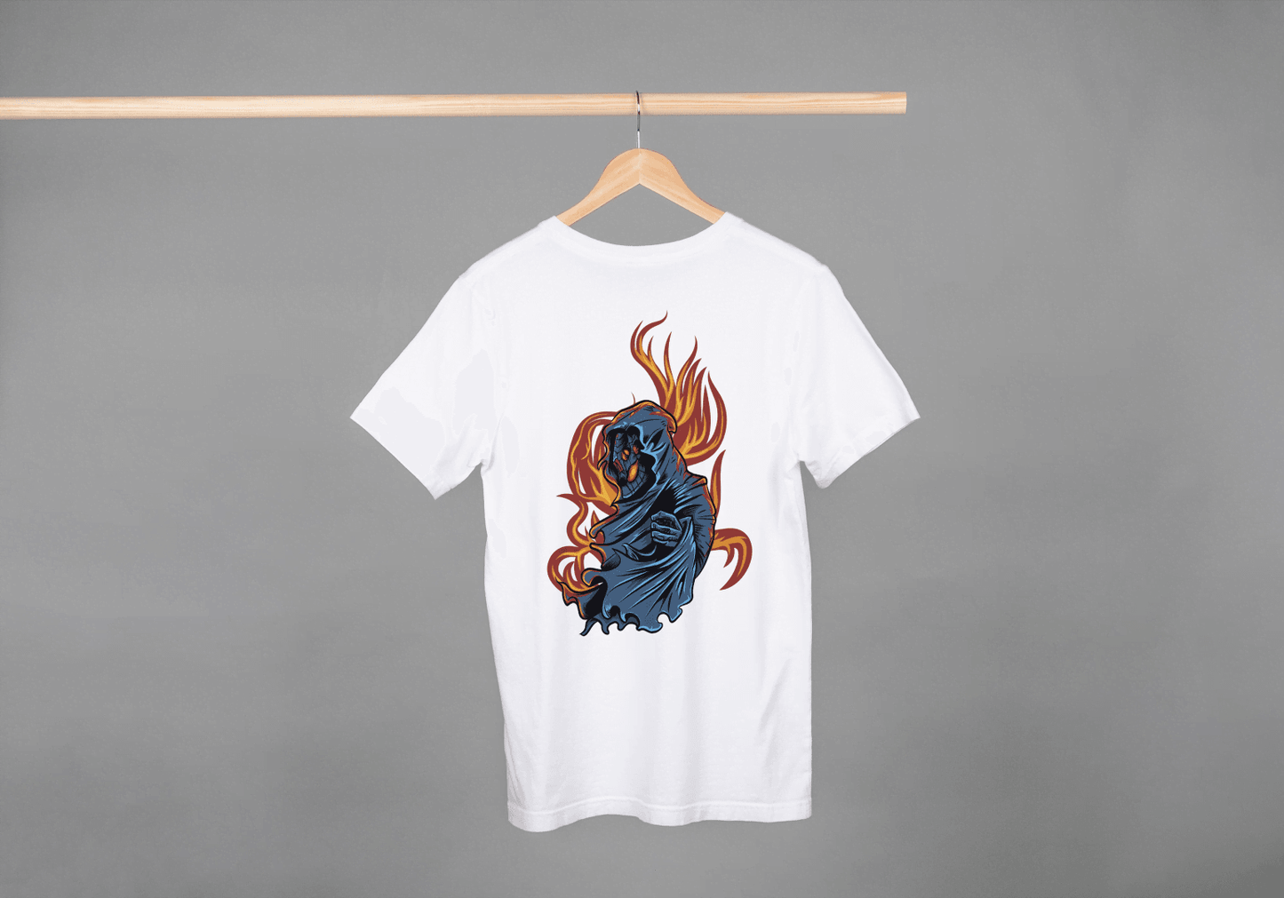 Grim Reaper Skull Flame: Mysterious Hooded Figure Tee - Essentia Attire