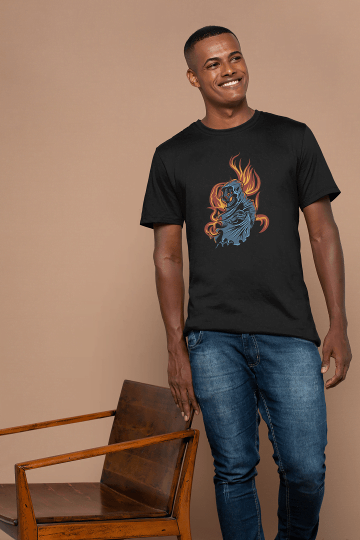 Grim Reaper Skull Flame: Mysterious Hooded Figure Tee - Essentia Attire