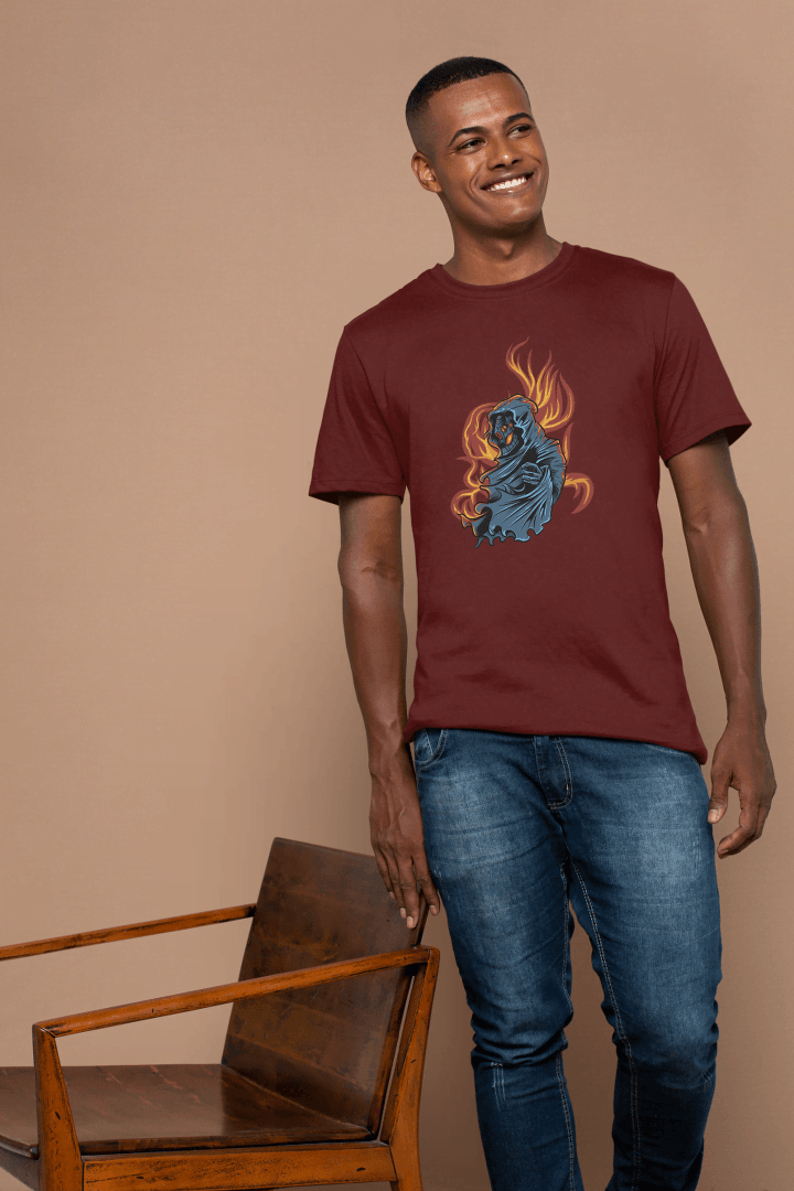 Grim Reaper Skull Flame: Mysterious Hooded Figure Tee - Essentia Attire