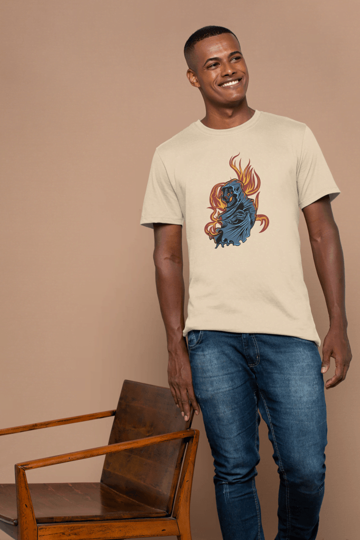 Grim Reaper Skull Flame: Mysterious Hooded Figure Tee - Essentia Attire
