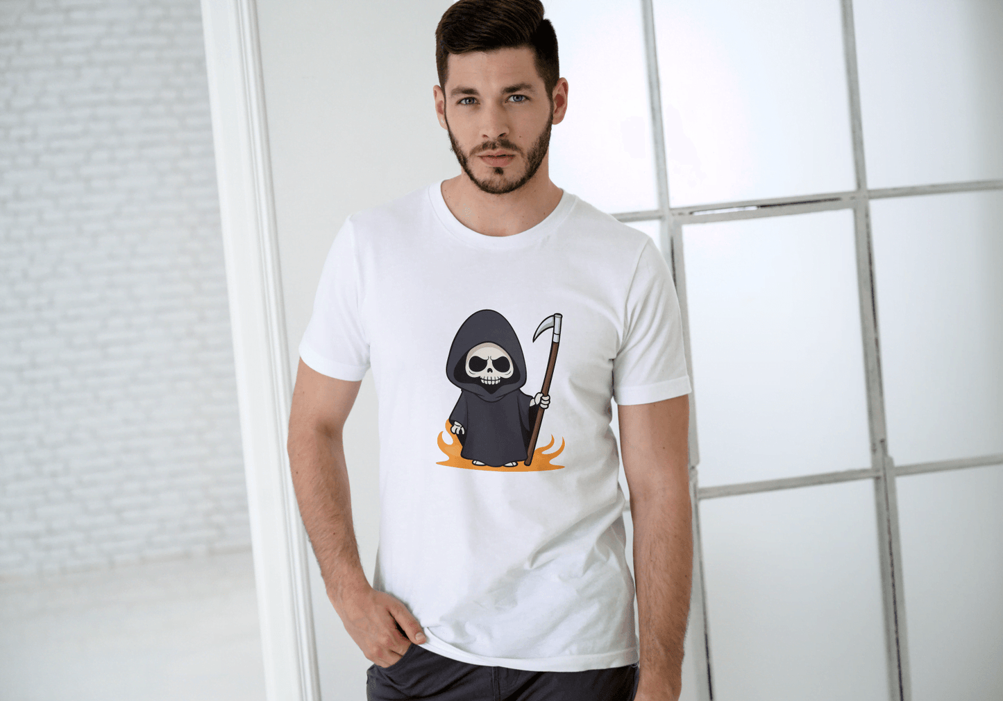 Cute Grim Reaper: Cartoon Skull Scythe Tee - Essentia Attire