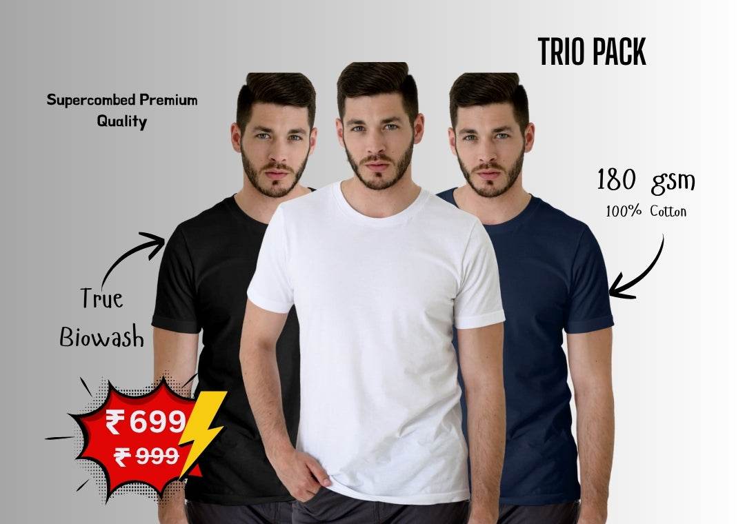 Black/White/Blue Trio Pack of Plain Regular Half-Sleeve: Unisex T-Shirt - Essentia Attire