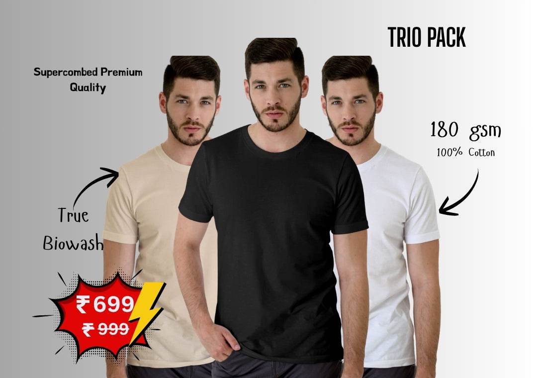 Beige/Black/White Trio Pack of Plain Regular Half-Sleeve: Unisex T-Shirt - Essentia Attire