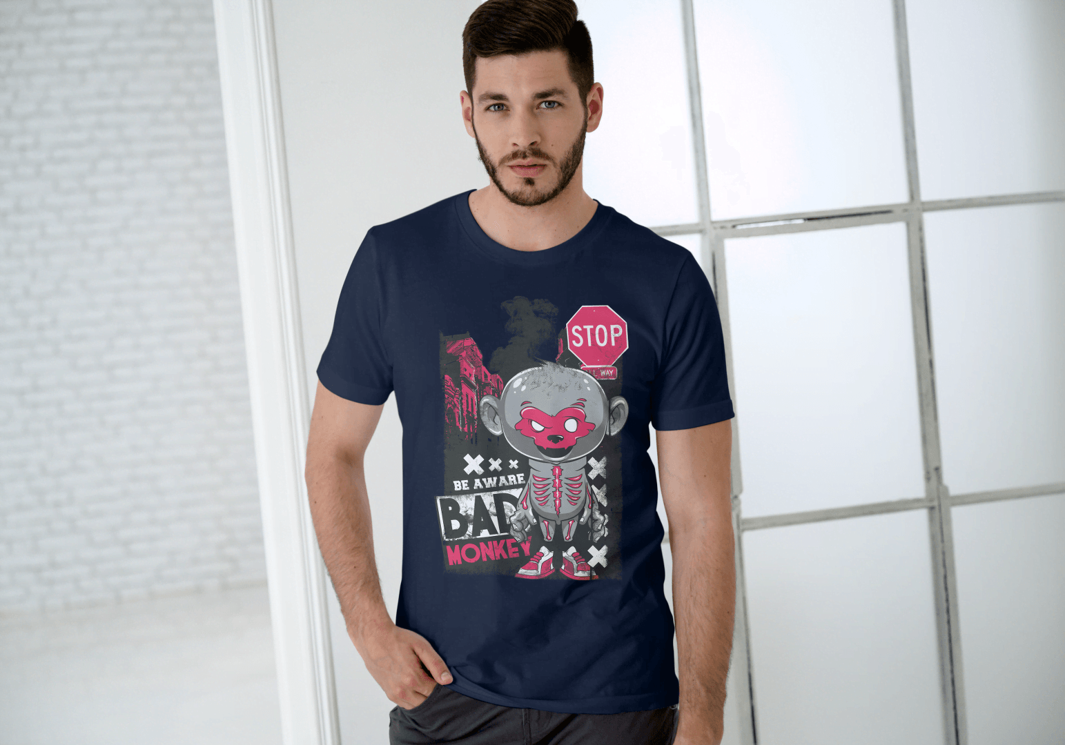 Red Mask Mischievous Monkey Tee: Be Aware Bad Monkey - Essentia Attire