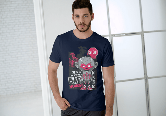 Red Mask Mischievous Monkey Tee: Be Aware Bad Monkey - Essentia Attire