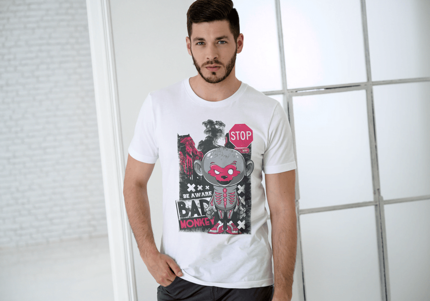 Red Mask Mischievous Monkey Tee: Be Aware Bad Monkey - Essentia Attire