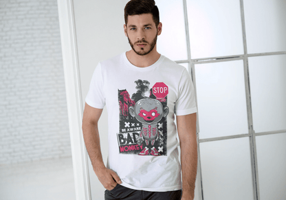Red Mask Mischievous Monkey Tee: Be Aware Bad Monkey - Essentia Attire
