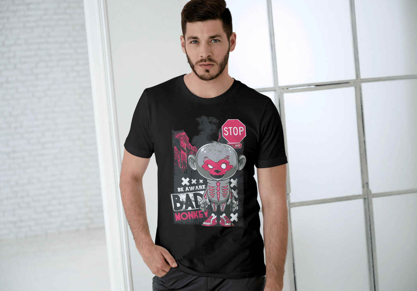 Red Mask Mischievous Monkey Tee: Be Aware Bad Monkey - Essentia Attire