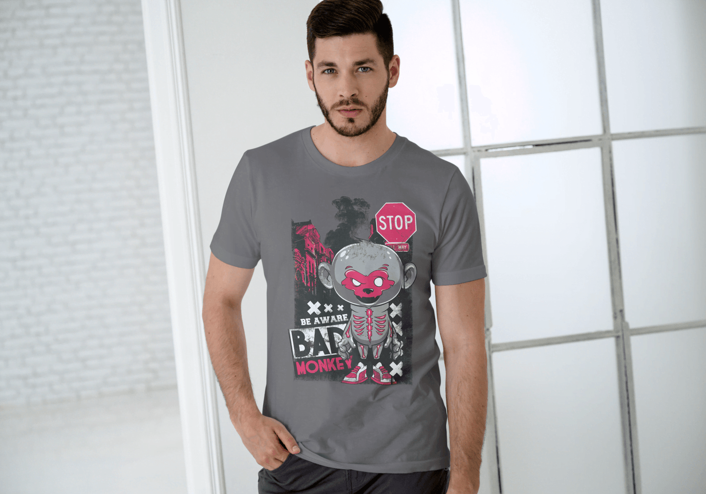 Red Mask Mischievous Monkey Tee: Be Aware Bad Monkey - Essentia Attire