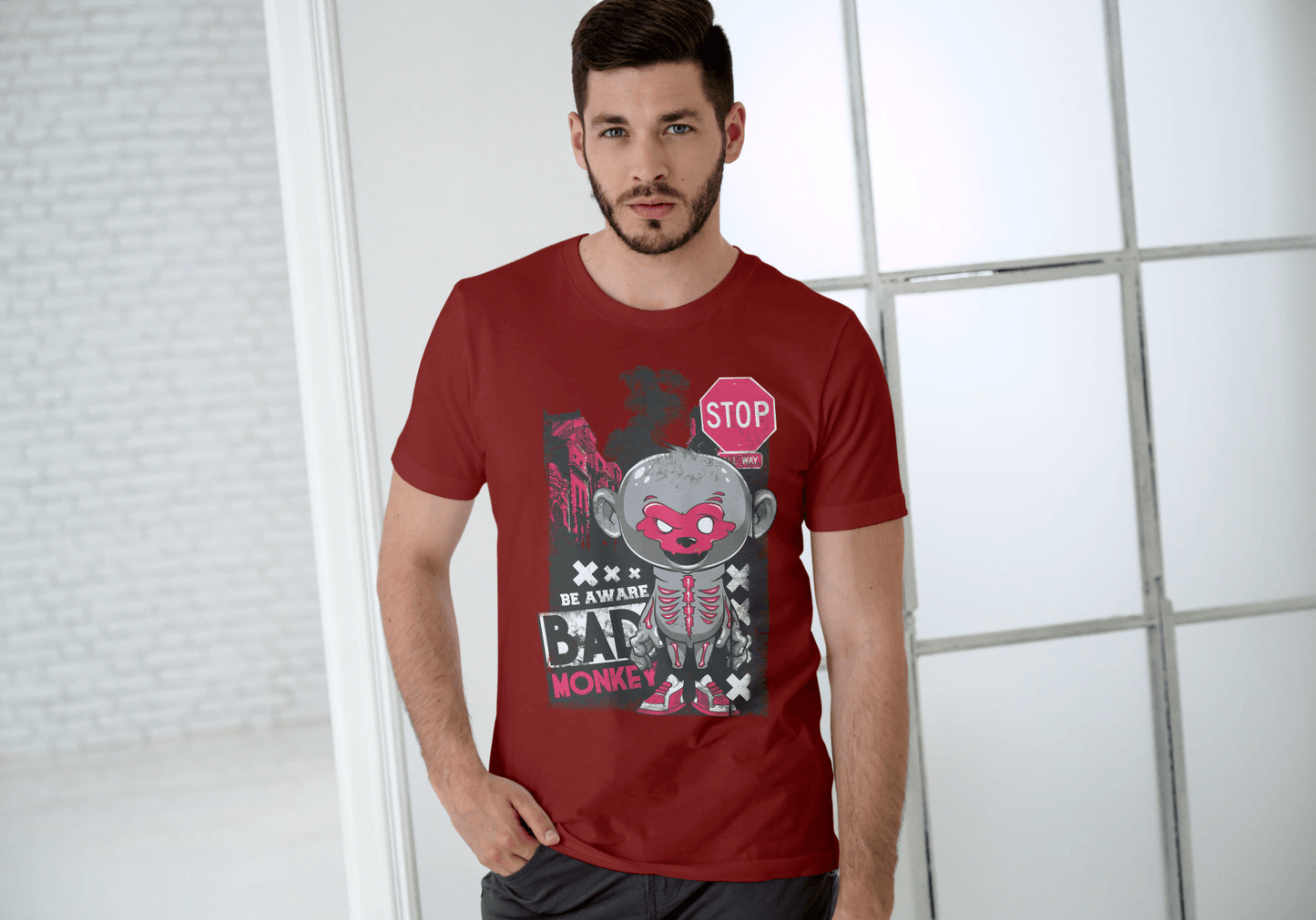 Red Mask Mischievous Monkey Tee: Be Aware Bad Monkey - Essentia Attire