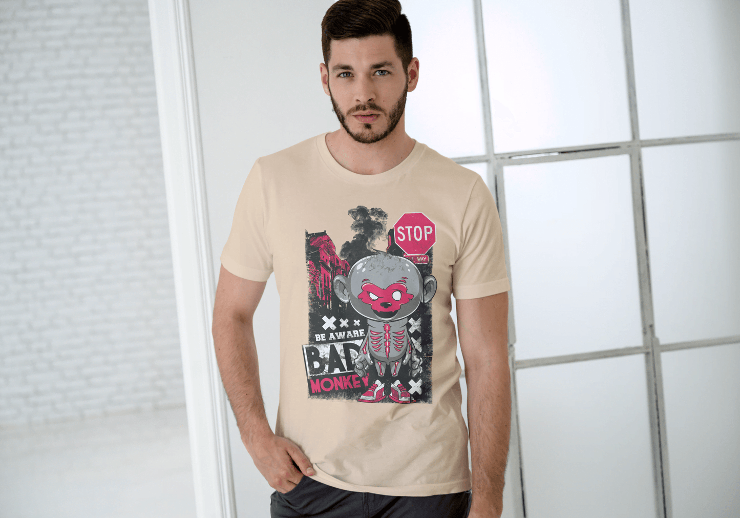 Red Mask Mischievous Monkey Tee: Be Aware Bad Monkey - Essentia Attire