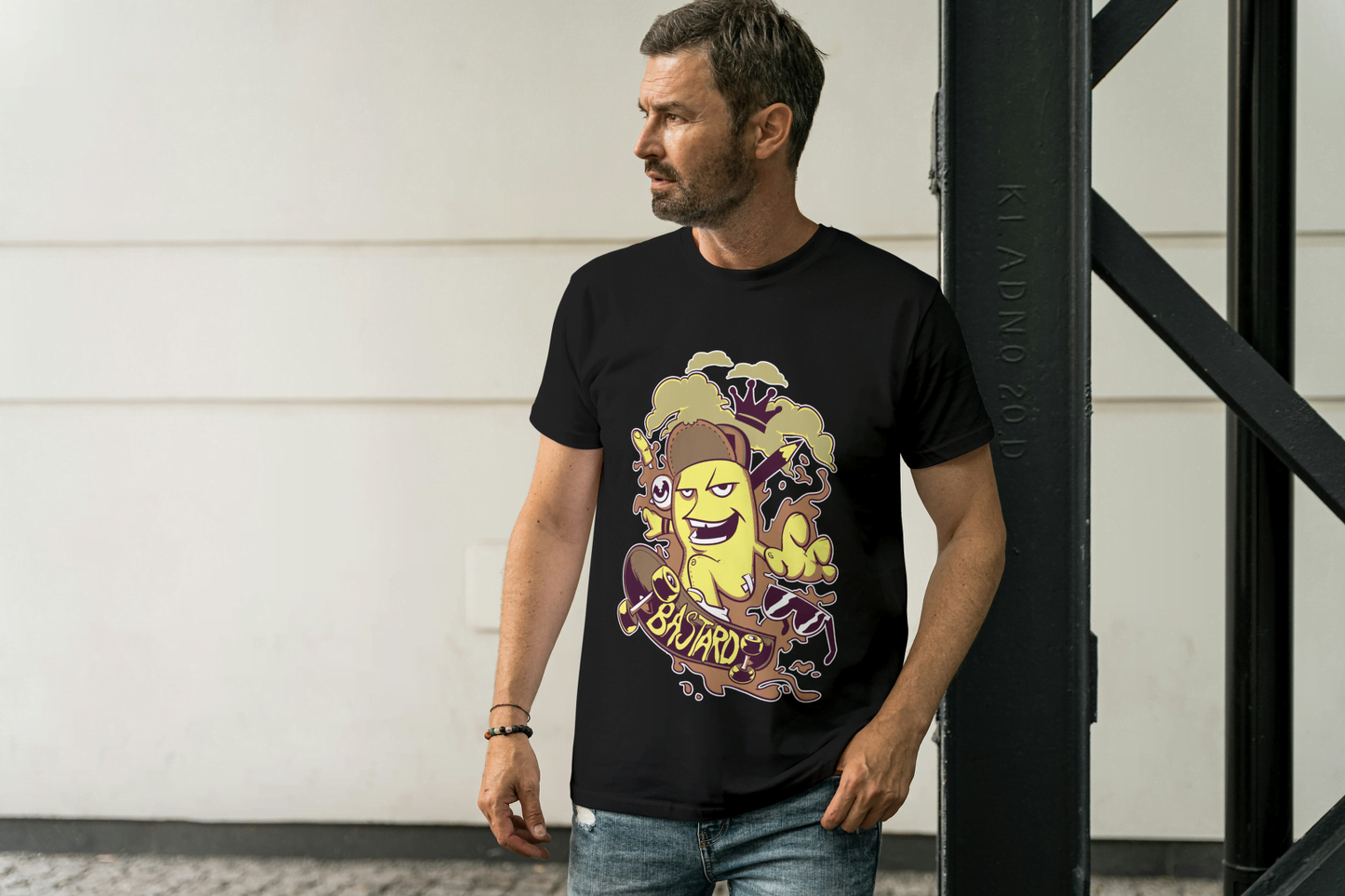 "8 Bastards" Banana Skateboarder: Humorous Fruit Character - Essentia Attire