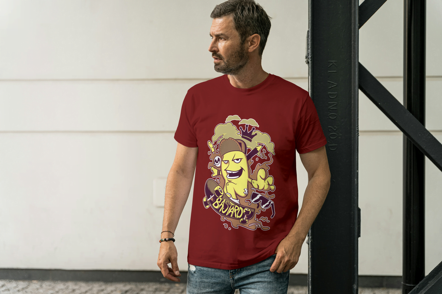 "8 Bastards" Banana Skateboarder: Humorous Fruit Character - Essentia Attire