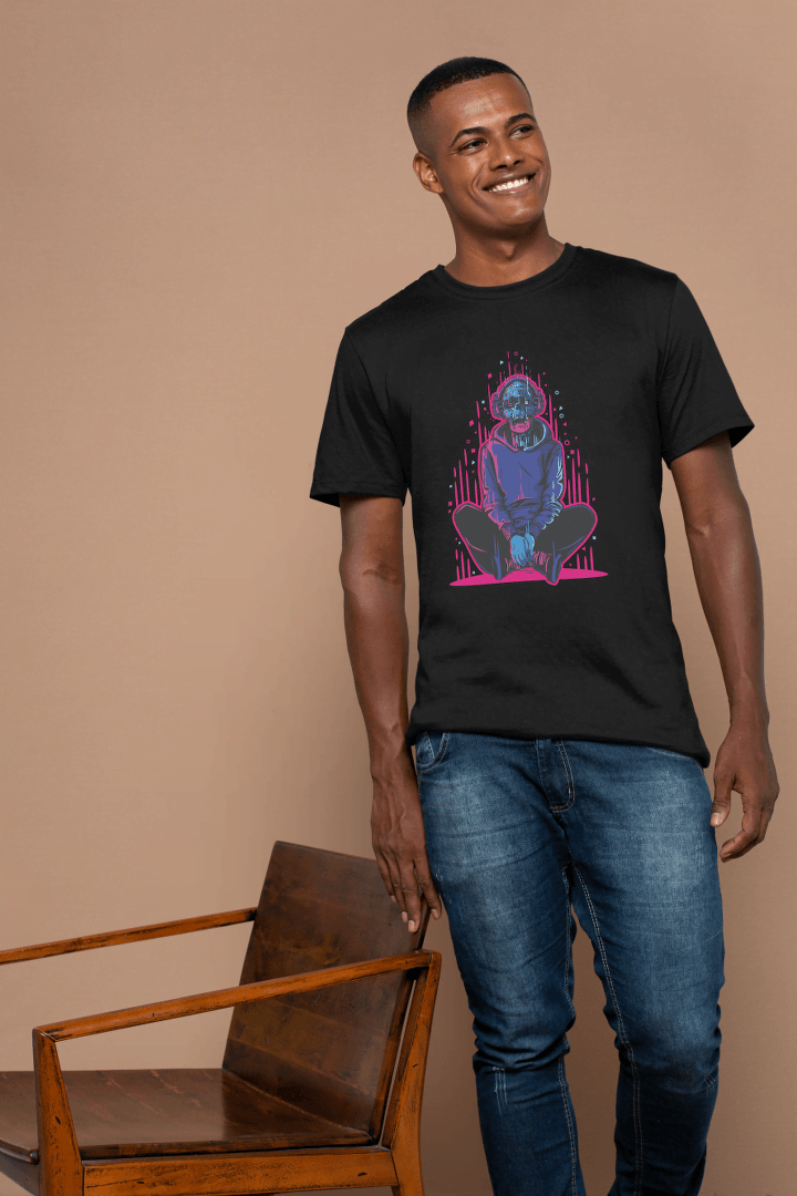Neon Skull with Headphones: Vaporwave Aesthetic Tee - Essentia Attire