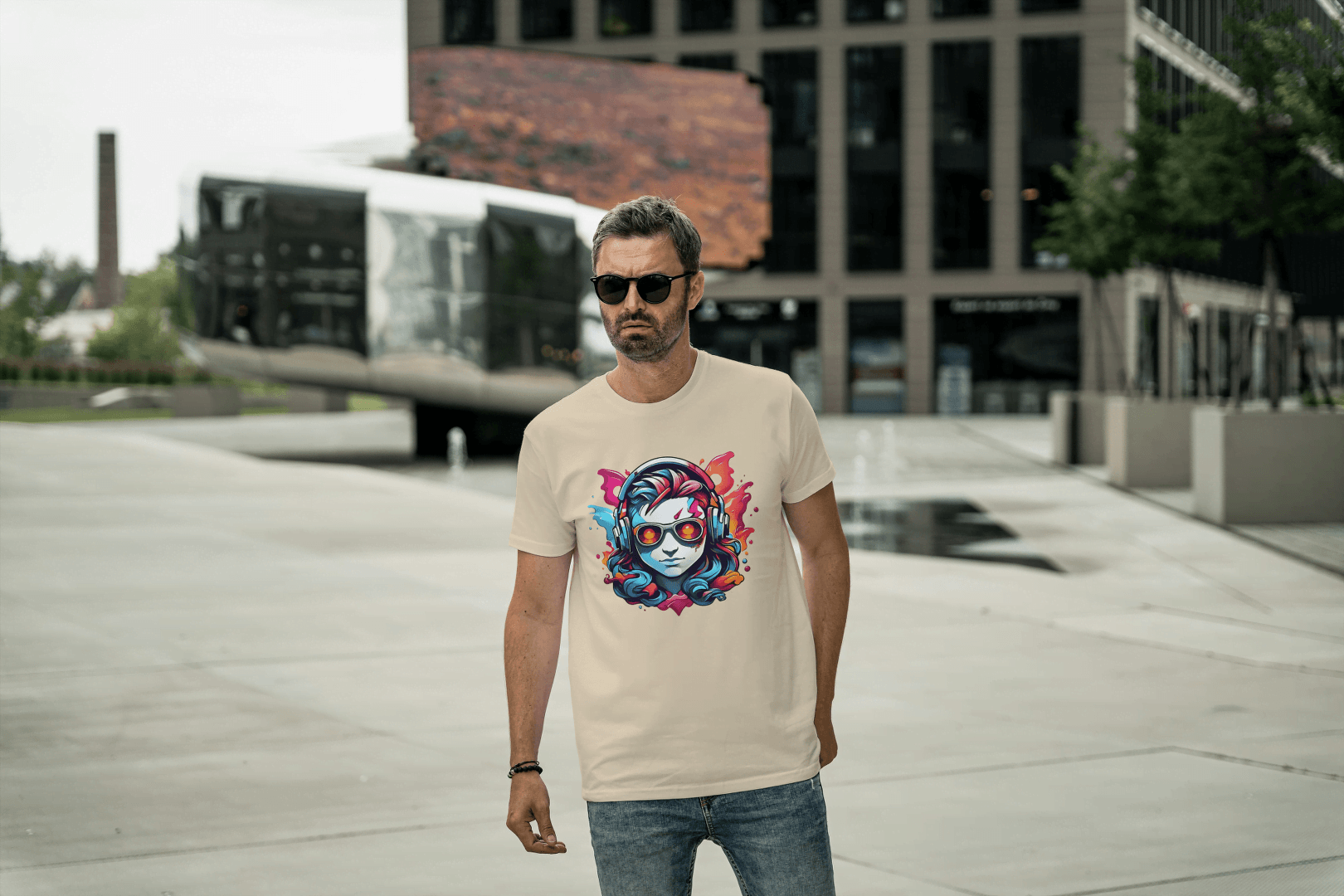 Vibrant Headphones Skull: Urban DJ Graphic Tee - Essentia Attire