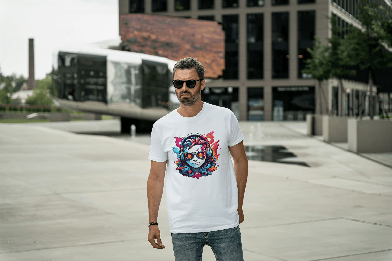Vibrant Headphones Skull: Urban DJ Graphic Tee - Essentia Attire