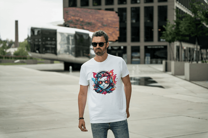 Vibrant Headphones Skull: Urban DJ Graphic Tee - Essentia Attire