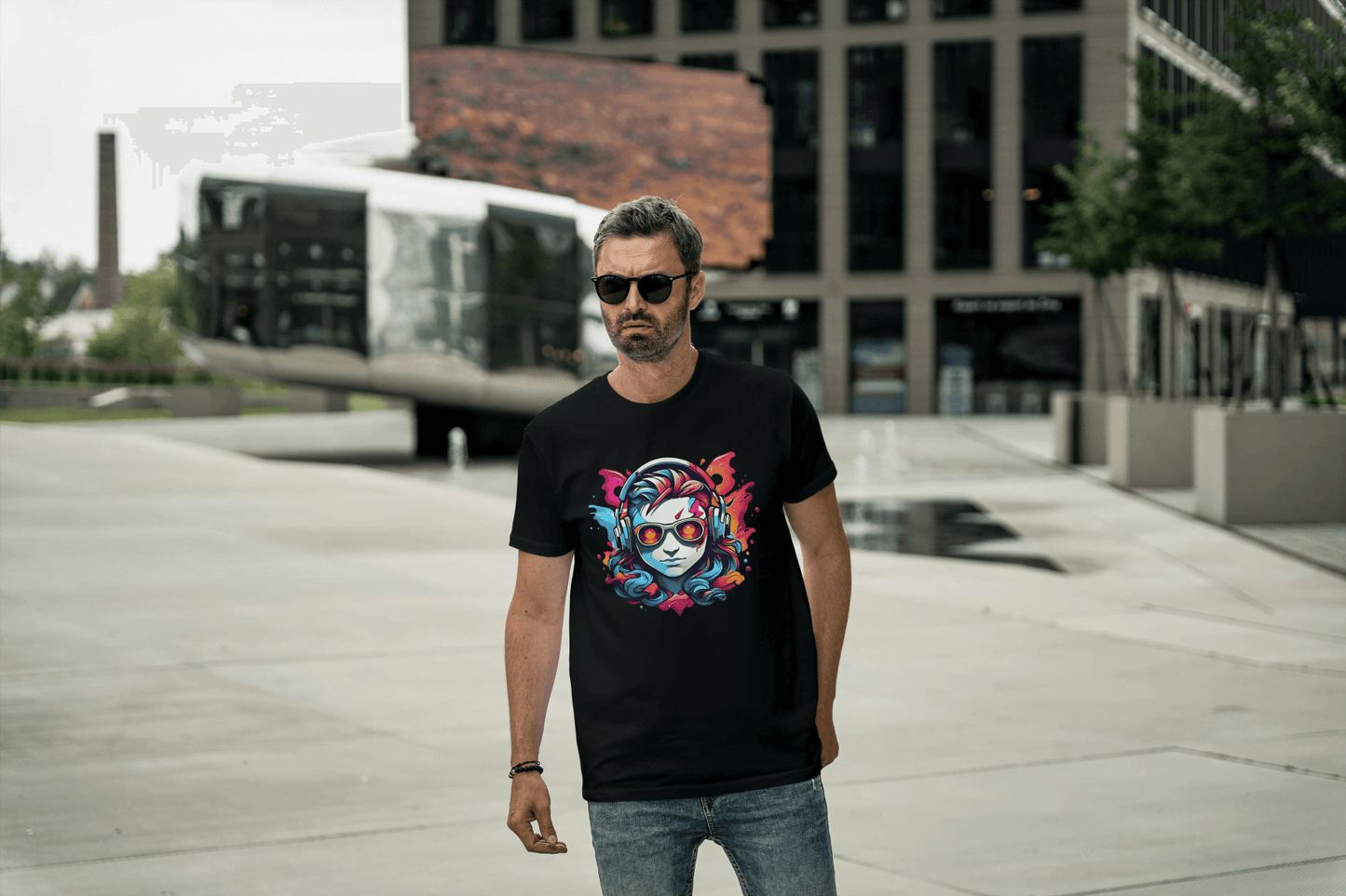 Vibrant Headphones Skull: Urban DJ Graphic Tee - Essentia Attire