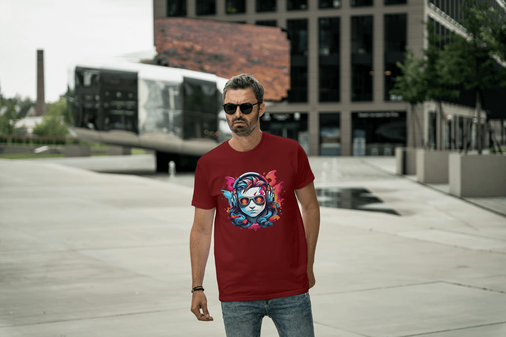 Vibrant Headphones Skull: Urban DJ Graphic Tee - Essentia Attire