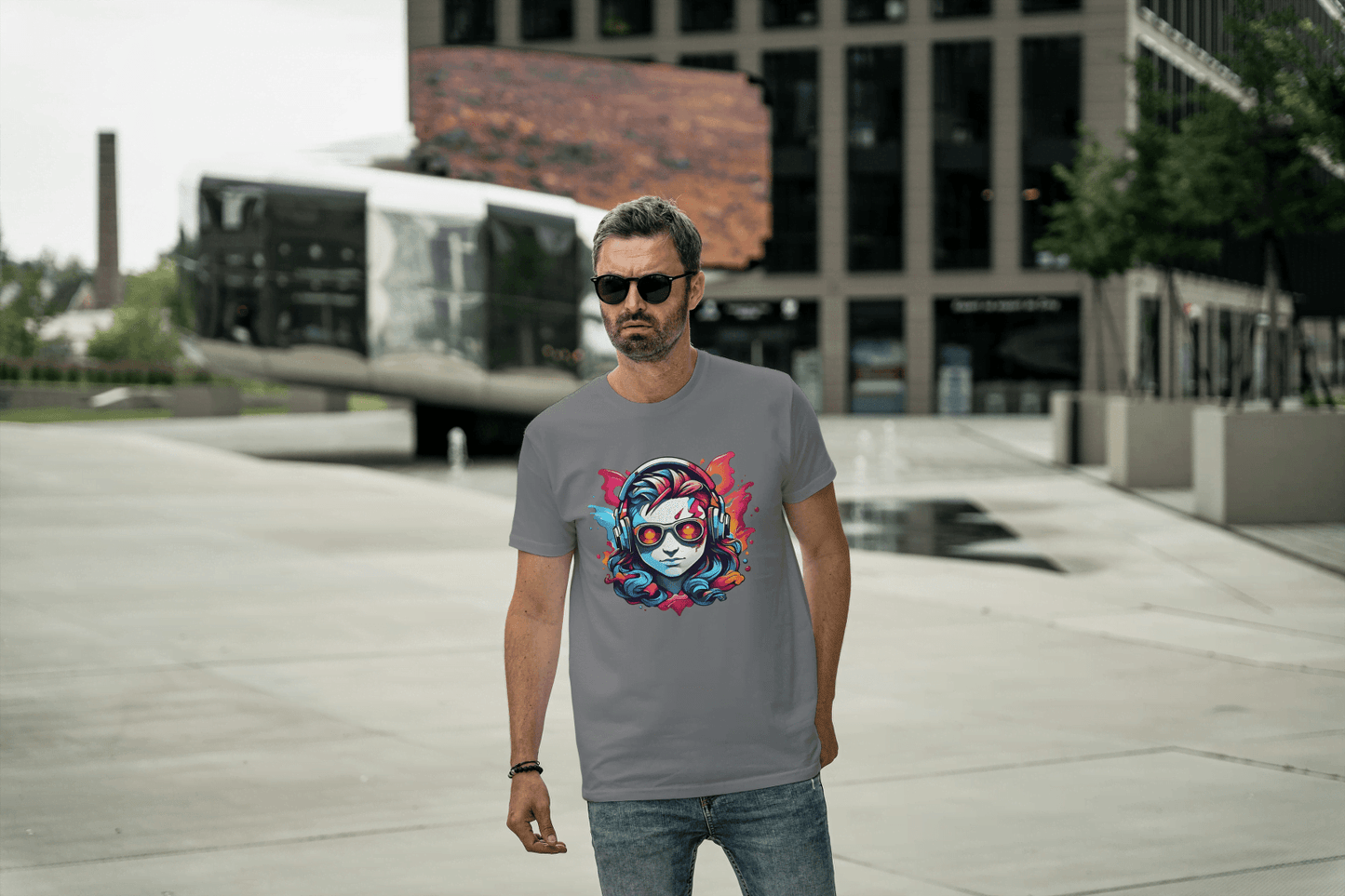 Vibrant Headphones Skull: Urban DJ Graphic Tee - Essentia Attire