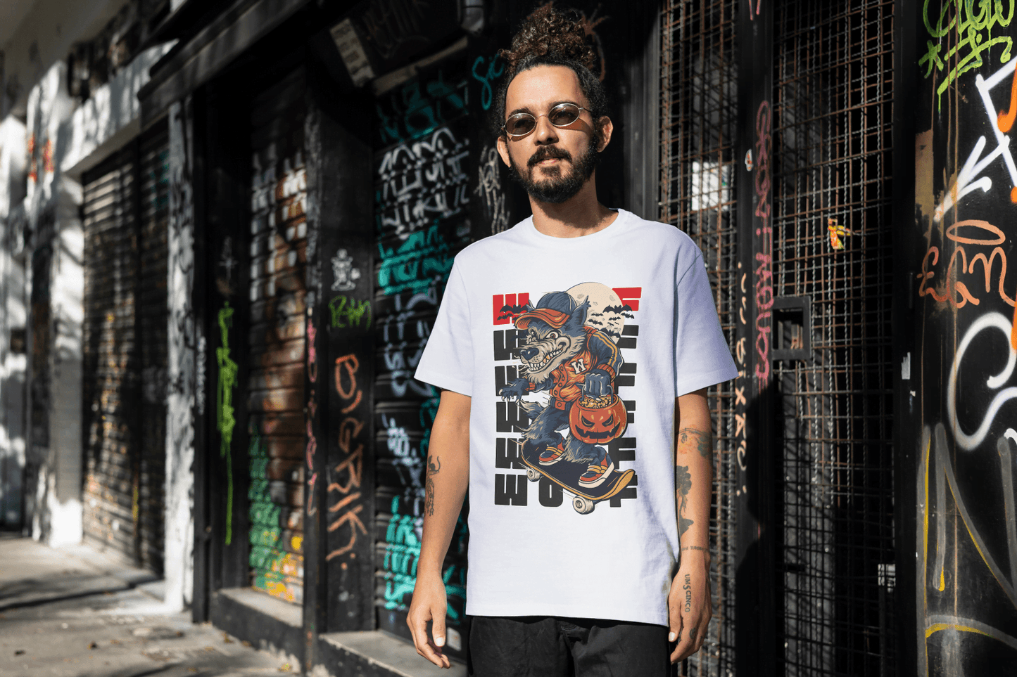 Funny Skateboard Werewolf: Halloween Wolf Graphic Tee - Essentia Attire