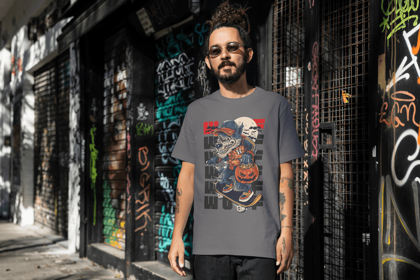 Funny Skateboard Werewolf: Halloween Wolf Graphic Tee - Essentia Attire