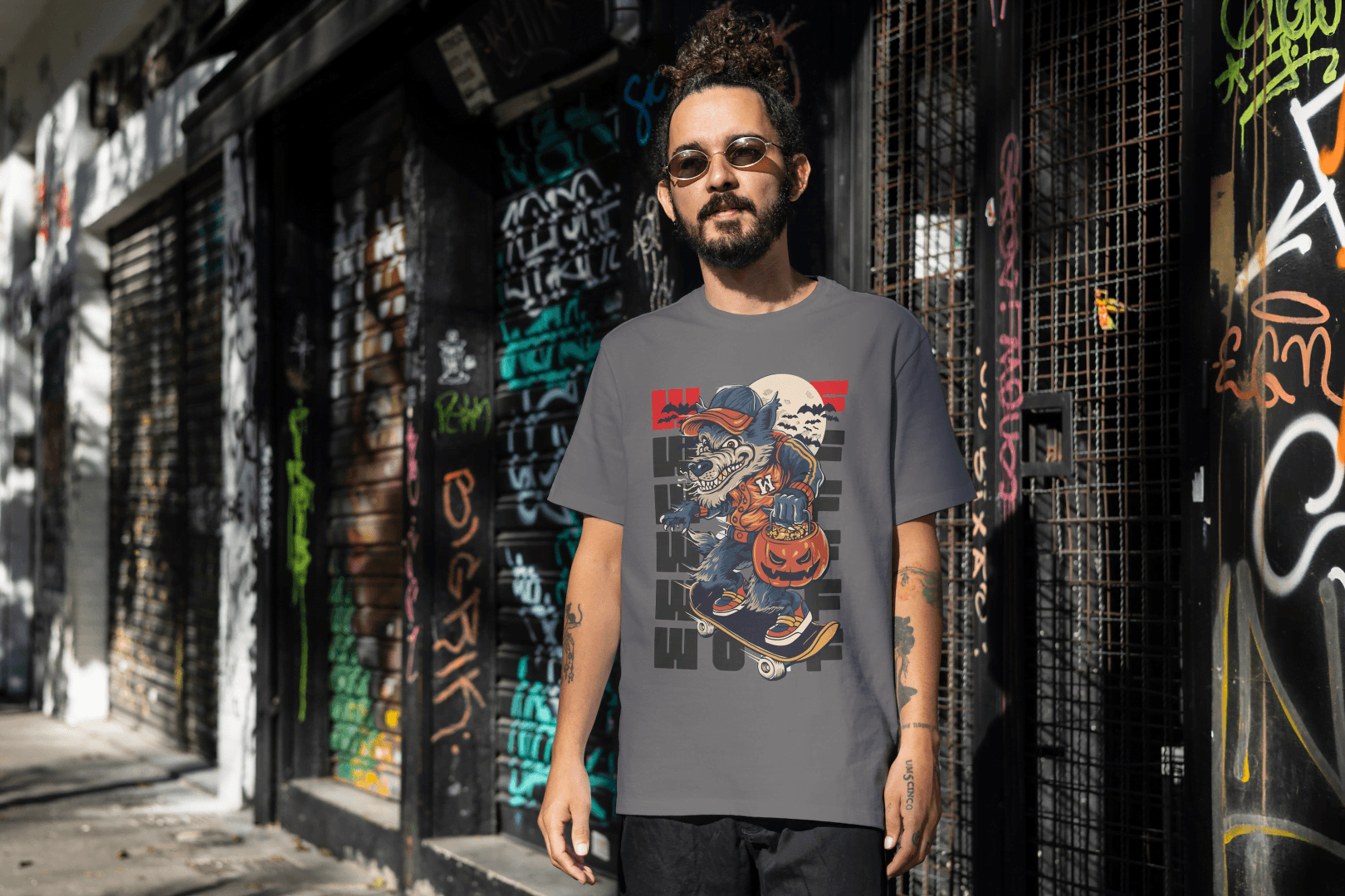 Funny Skateboard Werewolf: Halloween Wolf Graphic Tee - Essentia Attire