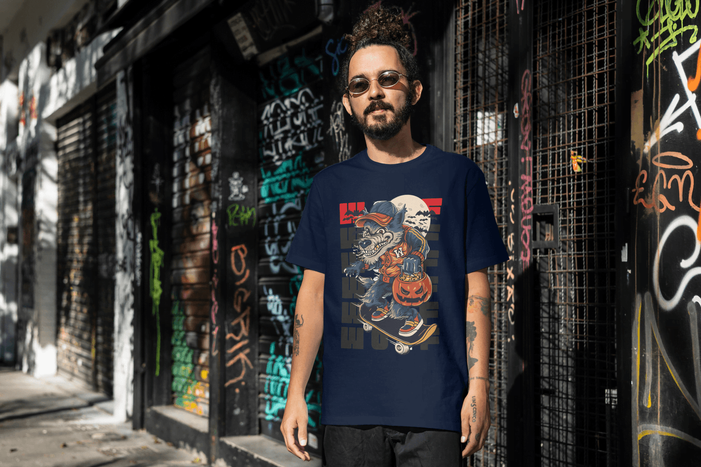 Funny Skateboard Werewolf: Halloween Wolf Graphic Tee - Essentia Attire