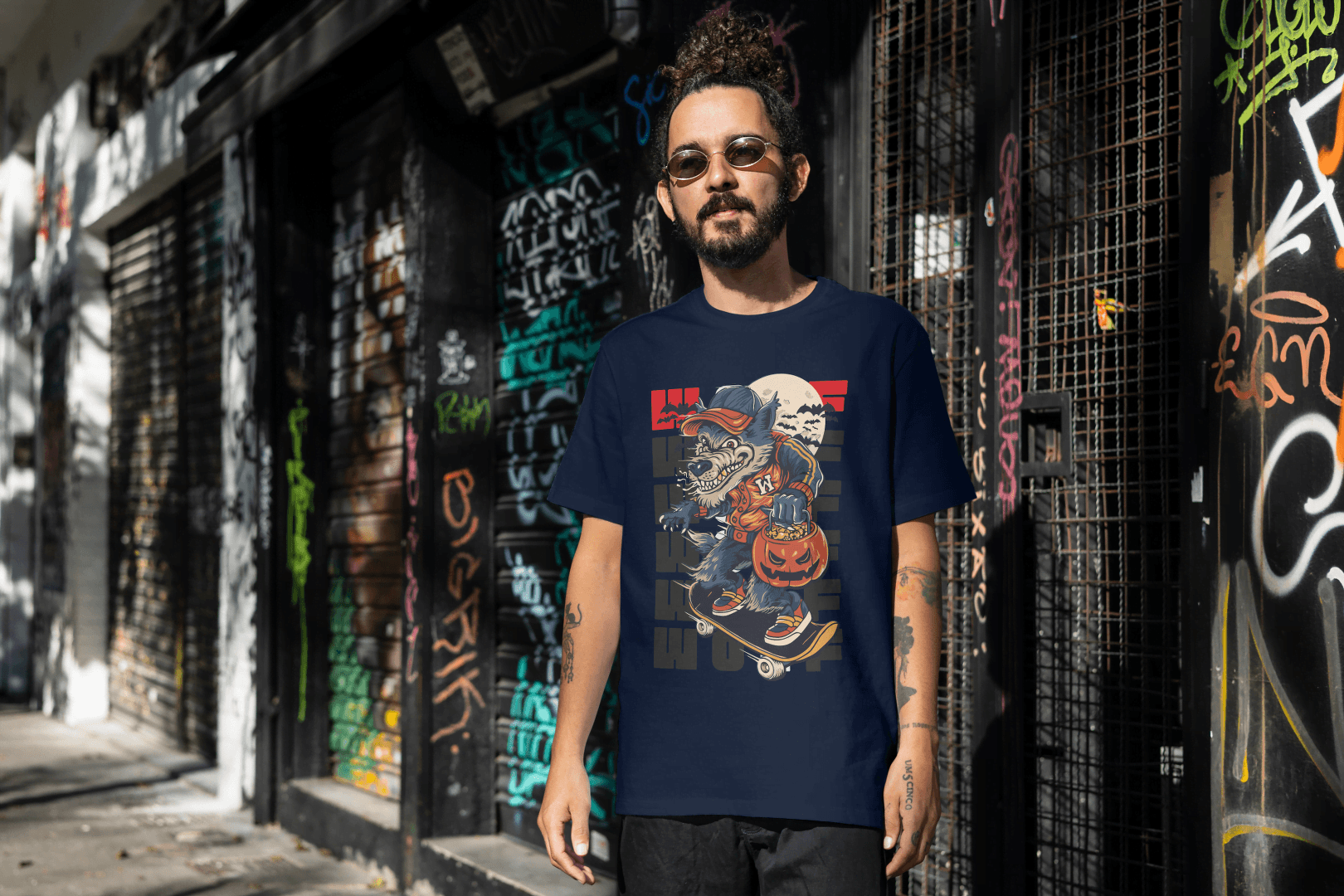 Funny Skateboard Werewolf: Halloween Wolf Graphic Tee - Essentia Attire