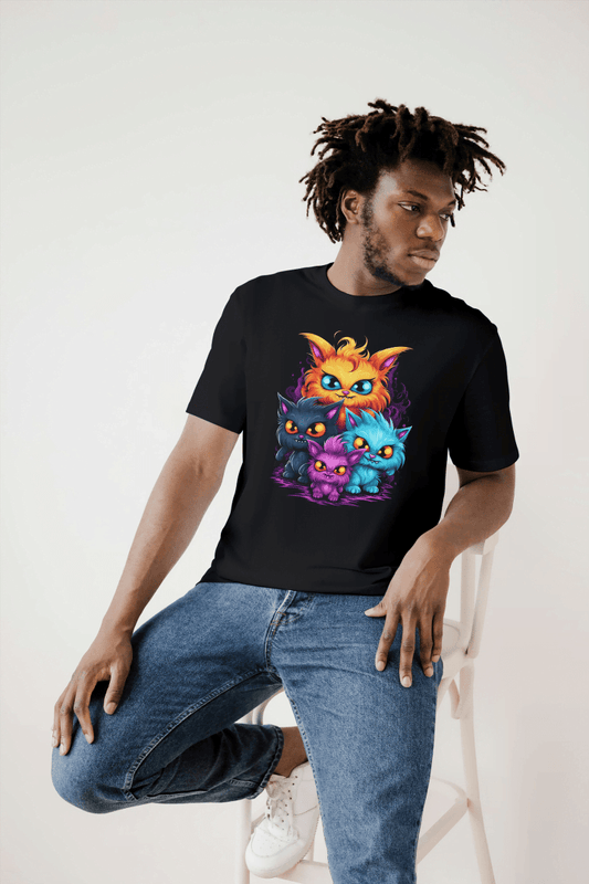 Vibrant Fantasy Cat Family: Cute Magical Kittens Tee - Essentia Attire