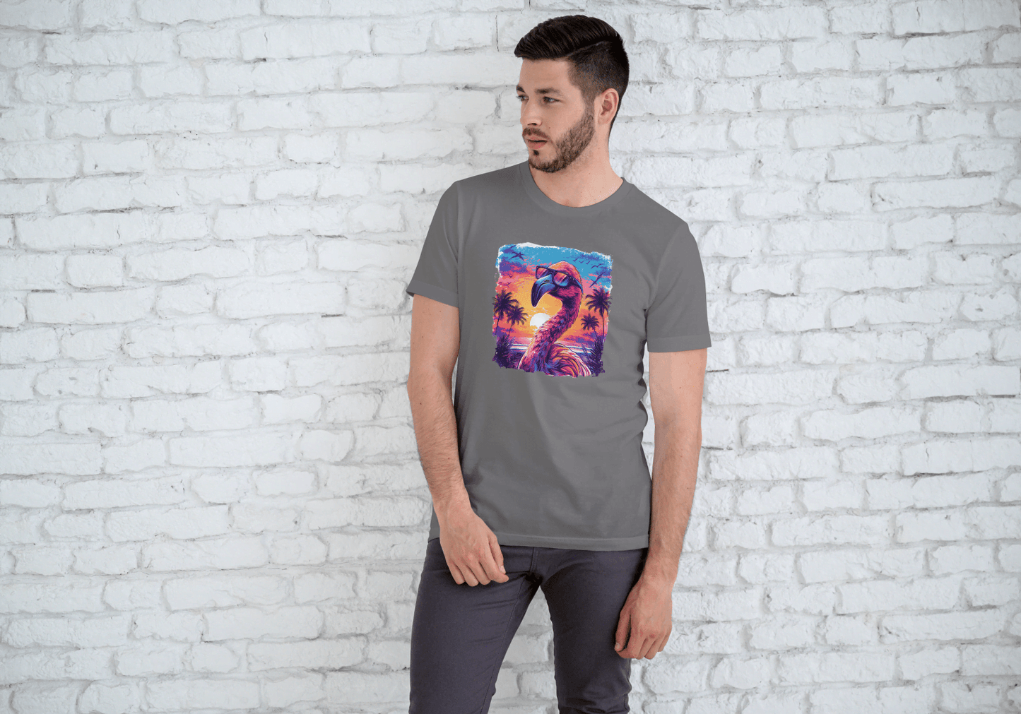 Cool Flamingo Sunset: Tropical Beach Graphic Tee - Essentia Attire