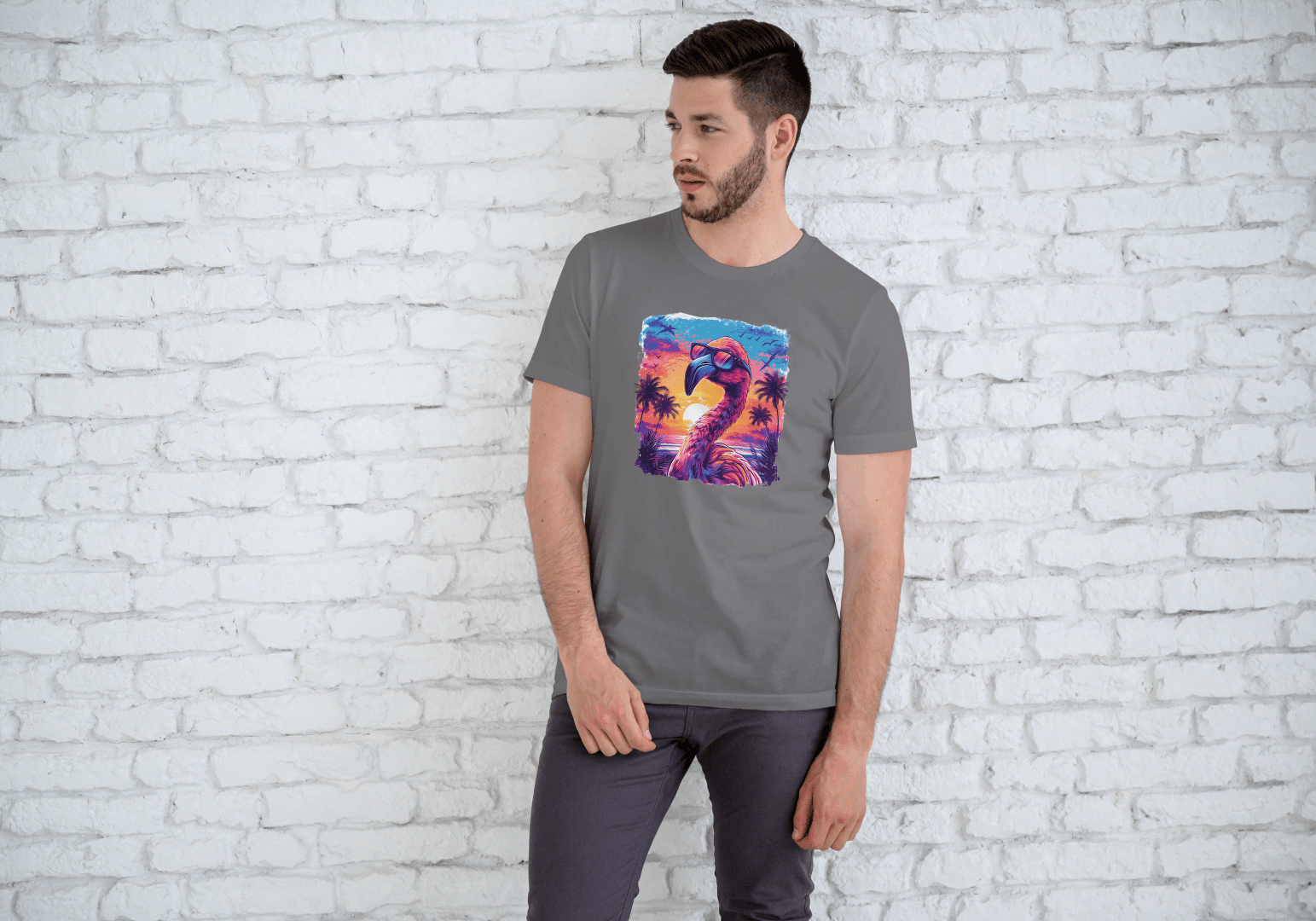 Cool Flamingo Sunset: Tropical Beach Graphic Tee - Essentia Attire