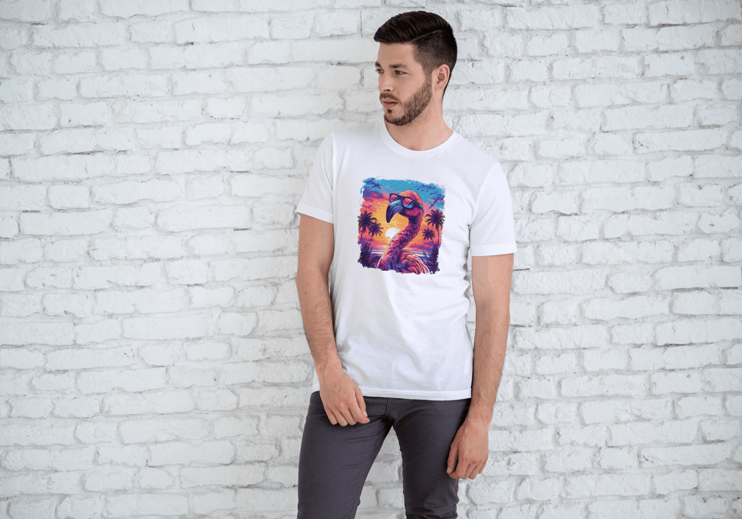 Cool Flamingo Sunset: Tropical Beach Graphic Tee - Essentia Attire