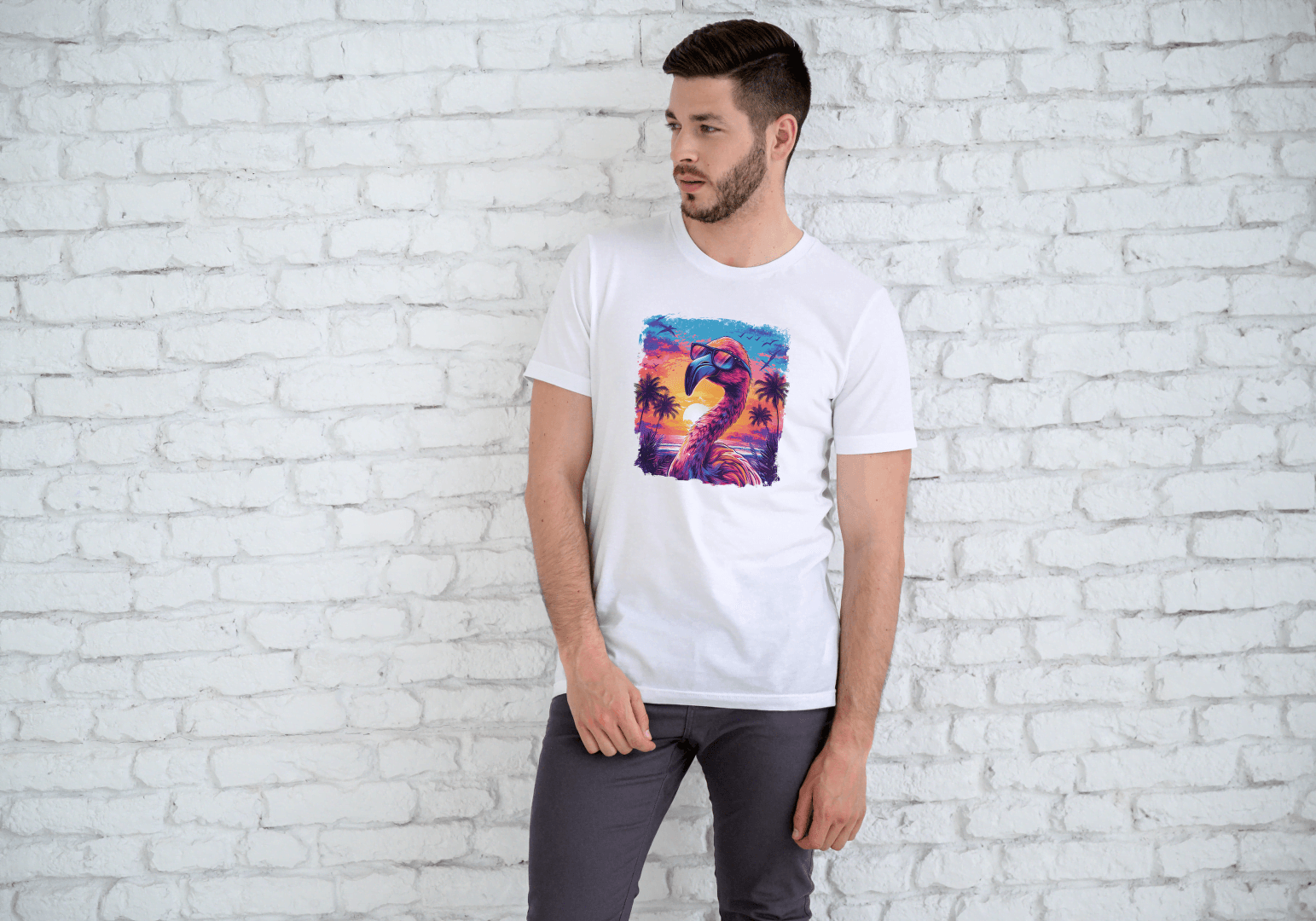 Cool Flamingo Sunset: Tropical Beach Graphic Tee - Essentia Attire