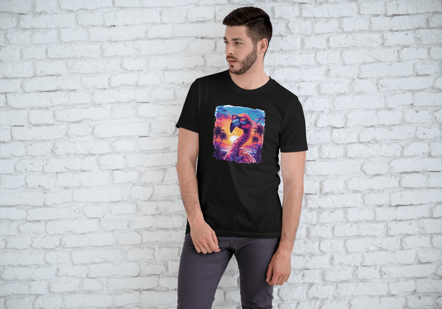Cool Flamingo Sunset: Tropical Beach Graphic Tee - Essentia Attire
