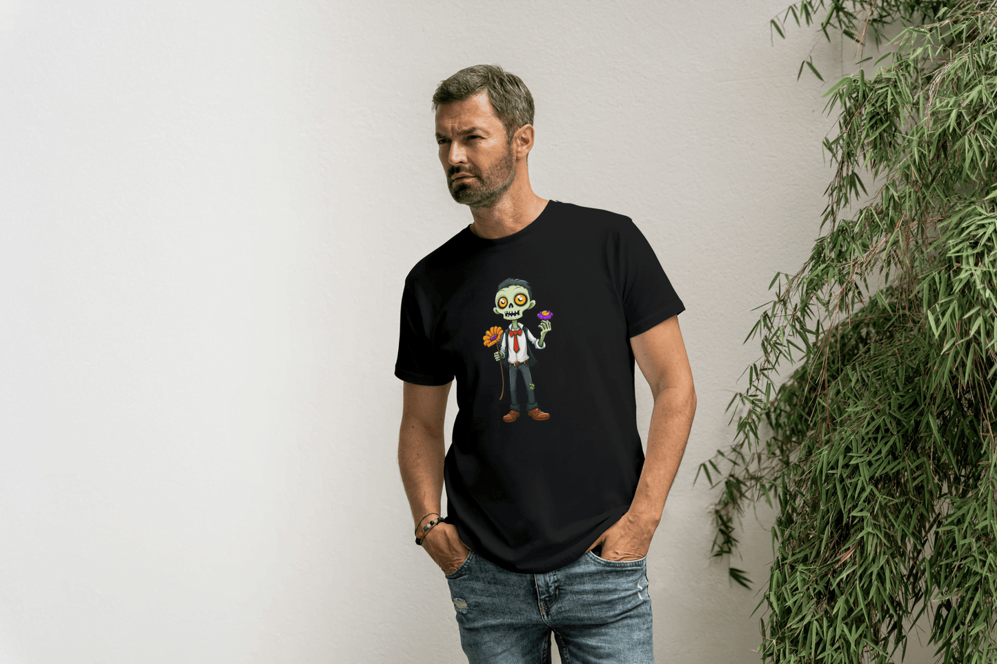 Cute Zombie with Flower: Funny Cartoon Tee - Essentia Attire